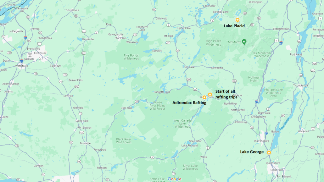 Map of the Adirondack area showing locations of Adirondac Rafting Company's base, the start of all rafting trips and nearby Lake George and Lake Placid